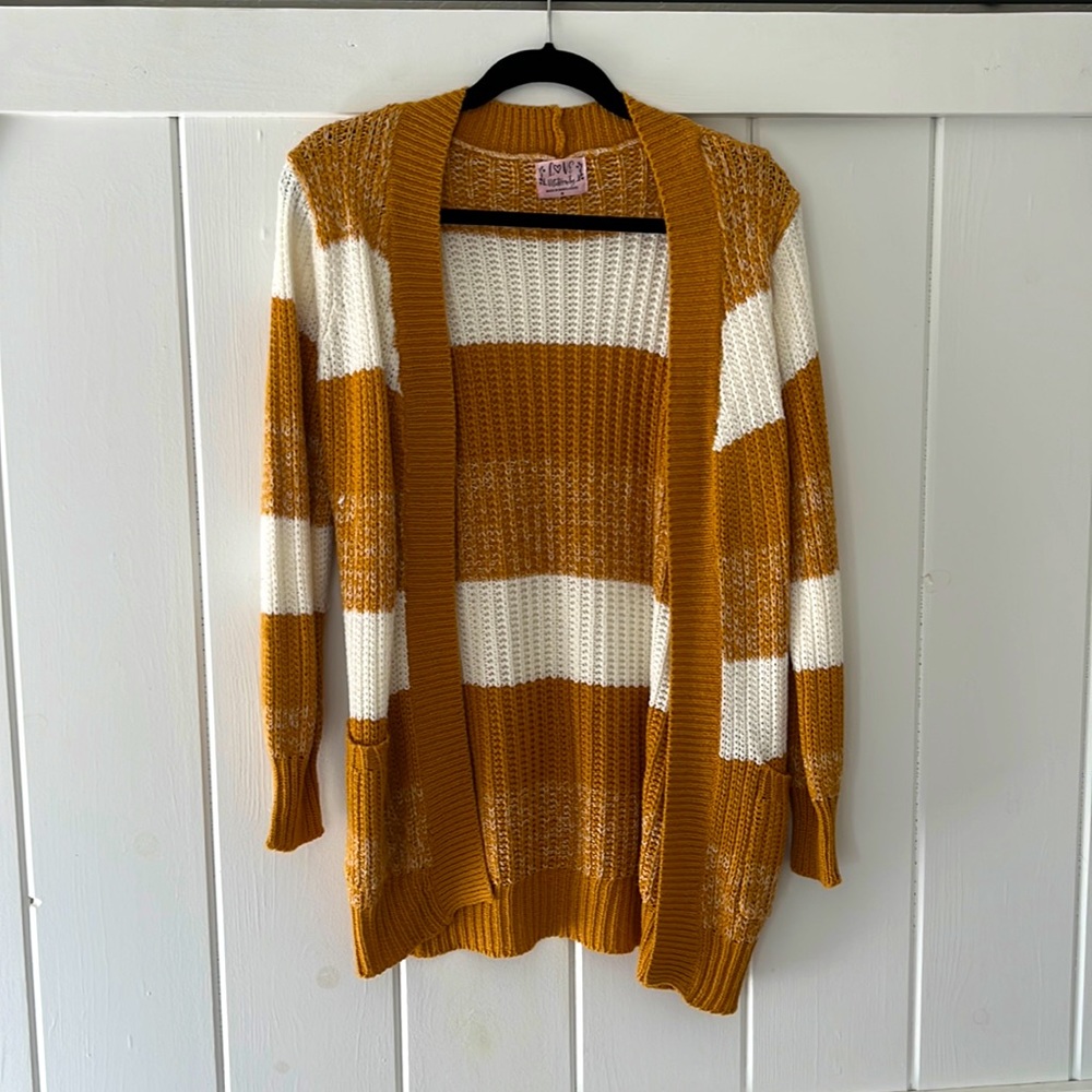 Love Maternity sweater, mustard yellow & white, Medium.